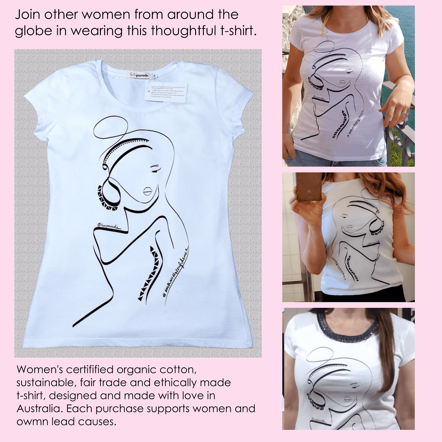 Women's organic cotton fitted tee walk with confidence helping women and their causes - HerParade