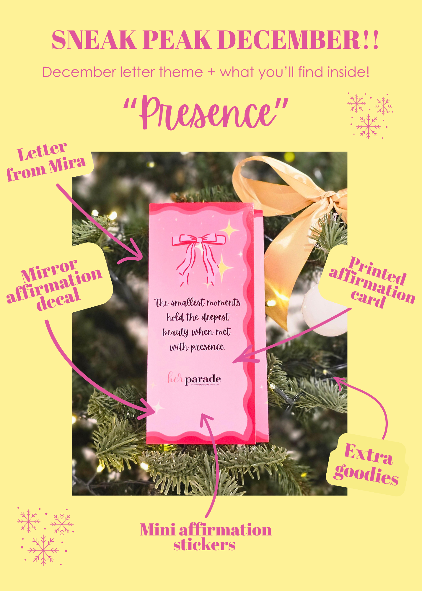 Promotional graphic for a December letter theme with a pink mirror affirmation decal, printed affirmation card, mini affirmation stickers, and extra goodies on a Christmas tree background.