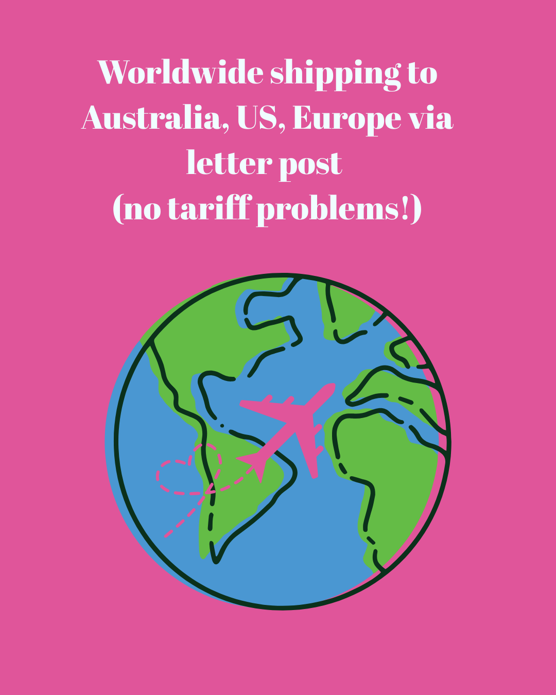 World map with an airplane on a pink background and text about worldwide shipping.